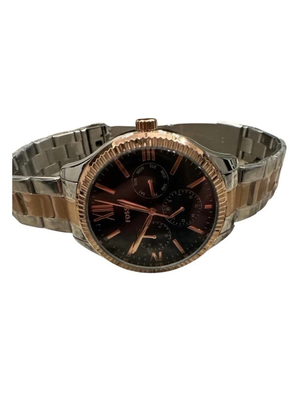Fossil BQM7097 Men’s Two-Tone Stainless Quartz 42mm Day/Date 3ATM Box